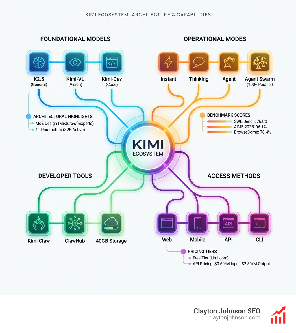 Detailed infographic showing the Kimi ecosystem: from foundational models (K2.5, Kimi-VL, Kimi-Dev) to operational modes (Instant, Thinking, Agent, Agent Swarm), developer tools (Kimi Claw, ClawHub, 40GB storage), and access methods (web, mobile, API, CLI). Includes benchmark scores, pricing tiers, and architectural highlights like MoE design and 1T parameters with 32B active. - Moonshot AI & Kimi infographic Detailed infographic showing the Kimi ecosystem: from foundational models (K2.5, Kimi-VL, Kimi-Dev) to operational modes (Instant, Thinking, Agent, Agent Swarm), developer tools (Kimi Claw, ClawHub, 40GB storage), and access methods (web, mobile, API, CLI). Includes benchmark scores, pricing tiers, and architectural highlights like MoE design and 1T parameters with 32B active. - Moonshot AI & Kimi infographic
