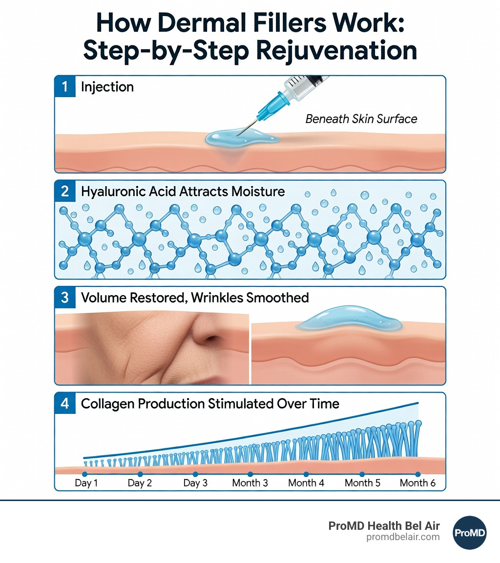 infographic showing how dermal fillers work: injection beneath skin surface, hyaluronic acid attracts moisture, volume is restored, wrinkles are smoothed, and collagen production is stimulated over time - dermal fillers bel air infographic infographic showing how dermal fillers work: injection beneath skin surface, hyaluronic acid attracts moisture, volume is restored, wrinkles are smoothed, and collagen production is stimulated over time - dermal fillers bel air infographic