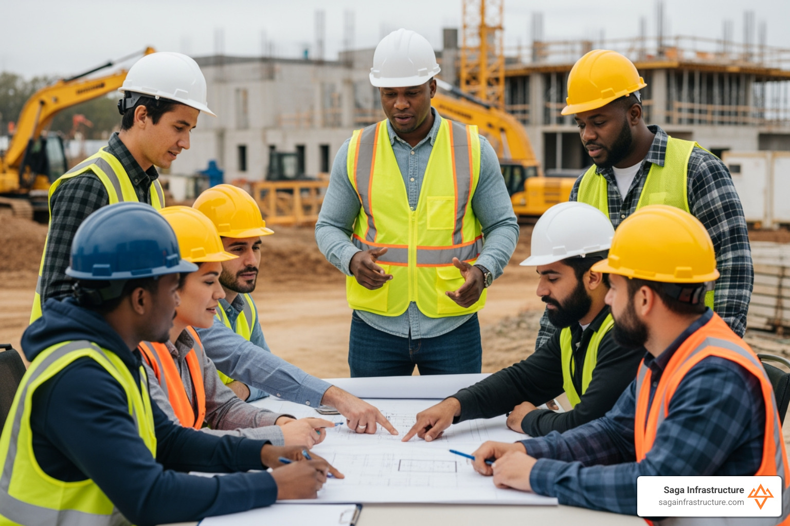A project manager wearing a hard hat and safety vest, leading a team meeting with diverse crew members around a set of blueprints on a construction site - Civil construction management