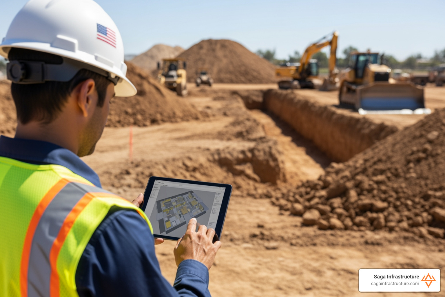 A construction manager on a job site using a tablet to review a 3D BIM model while standing in front of an active excavation area - Civil construction management