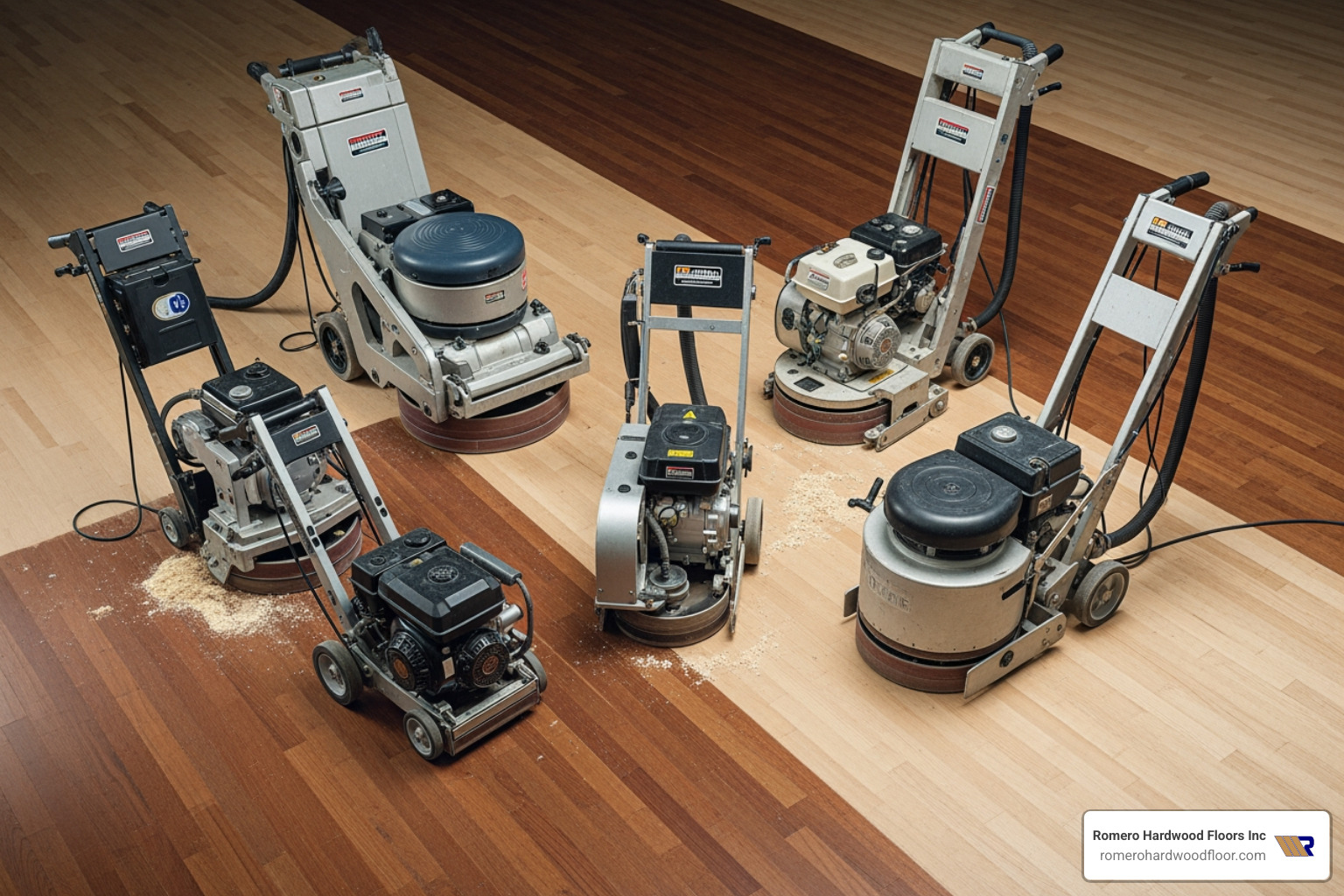 Various sanding machines including disc edgers and detail sanders - hardwood floor corner sander