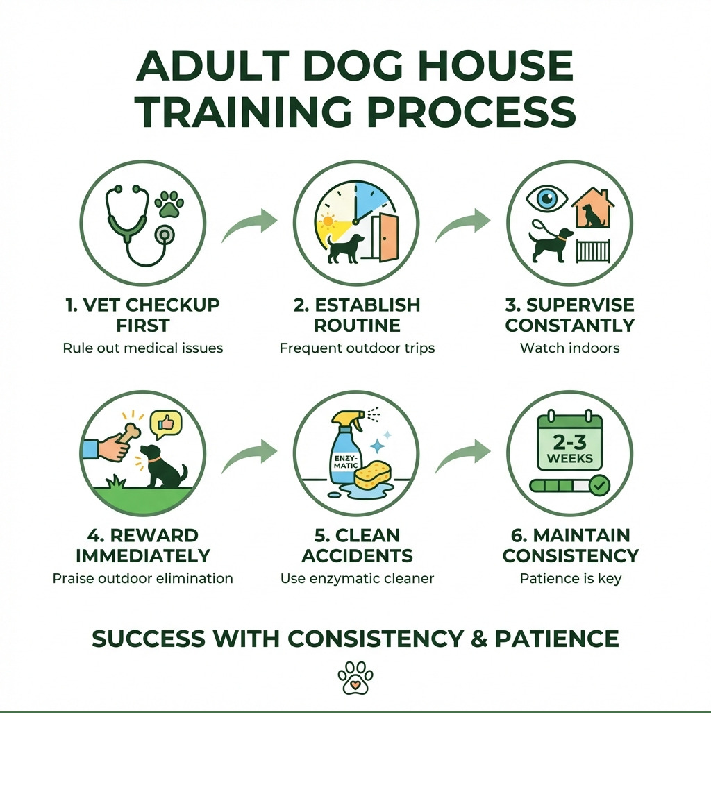 infographic showing the house training process: vet checkup first, then establish routine with frequent outdoor trips, supervise indoors constantly, reward outdoor elimination immediately, clean accidents with enzymatic cleaner, and maintain consistency for 2-3 weeks - how to house train an adult dog infographic infographic showing the house training process: vet checkup first, then establish routine with frequent outdoor trips, supervise indoors constantly, reward outdoor elimination immediately, clean accidents with enzymatic cleaner, and maintain consistency for 2-3 weeks - how to house train an adult dog infographic