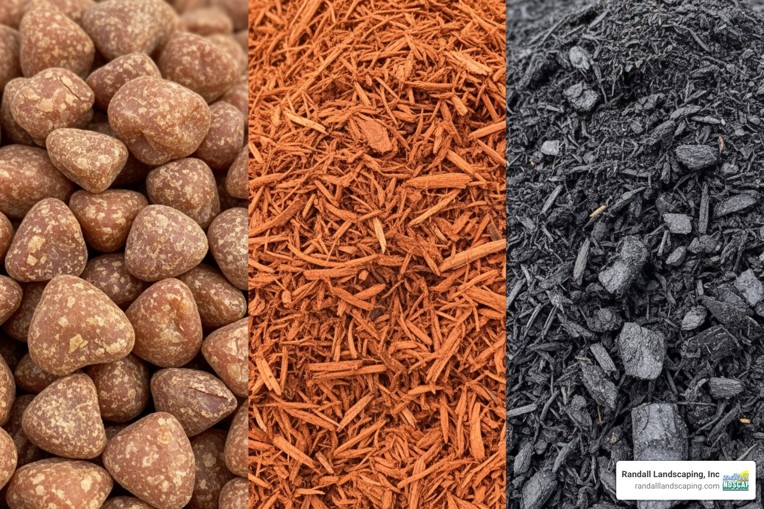 Comparison of mulch textures showing large pine nuggets, finely shredded cedar, and dark aged hardwood mulch - bark mulch