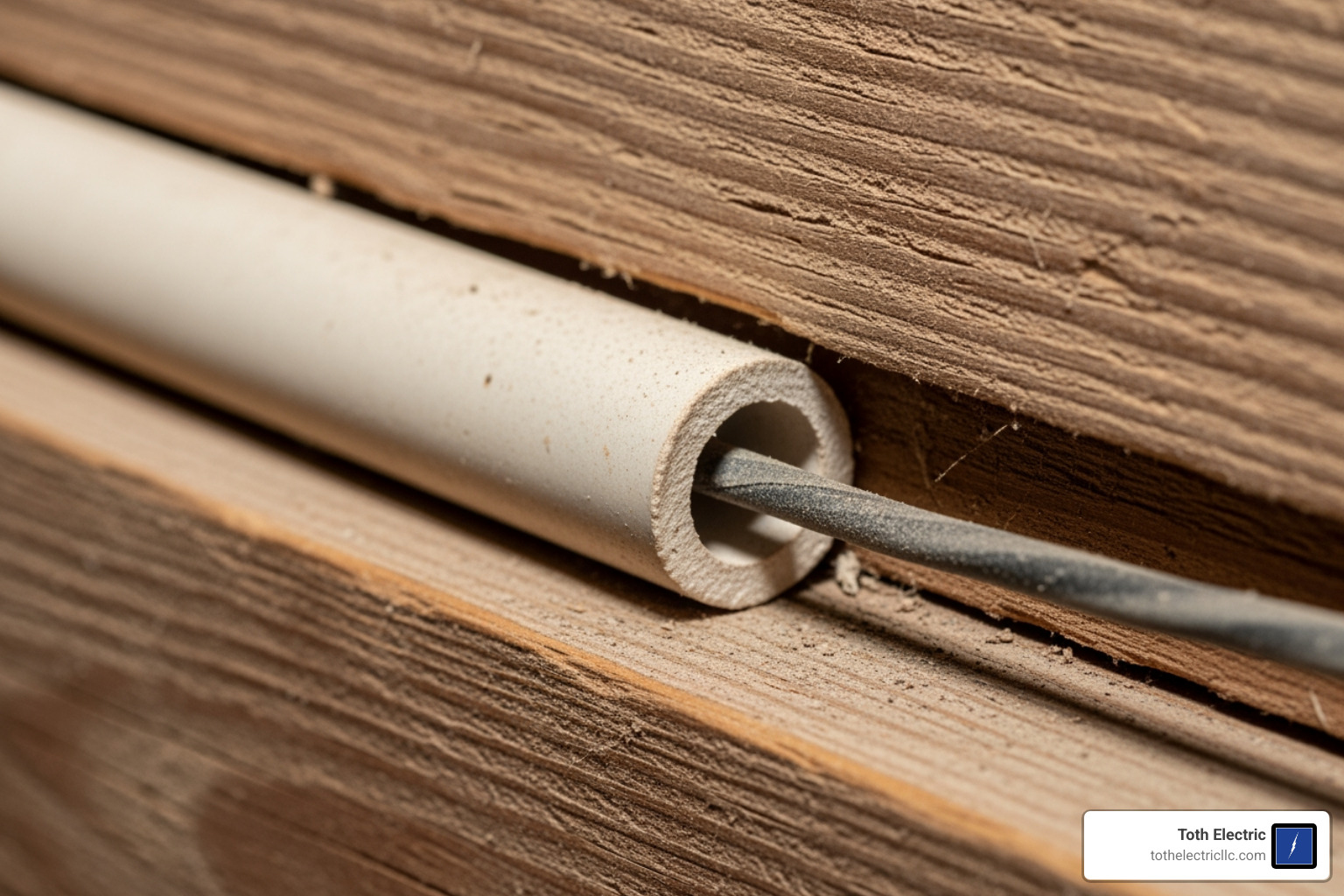 a ceramic tube passing through a floor joist - Knob and Tube Electrical System Services