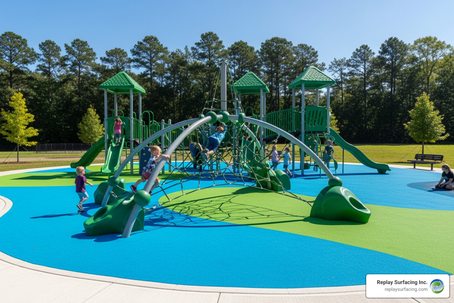 A safe, modern playground in Raleigh, NC featuring bright blue and green poured-in-place rubber surfacing under a large climbing structure - ground padding for playgrounds