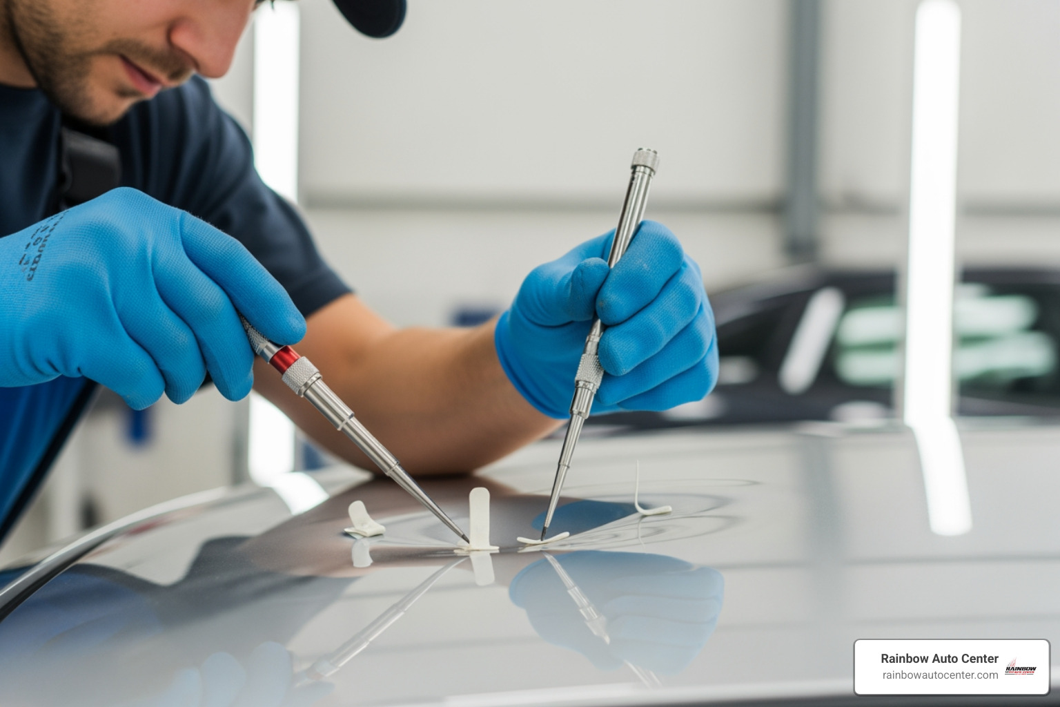 PDR tools being used on a vehicle roof - car roof dent repair near me