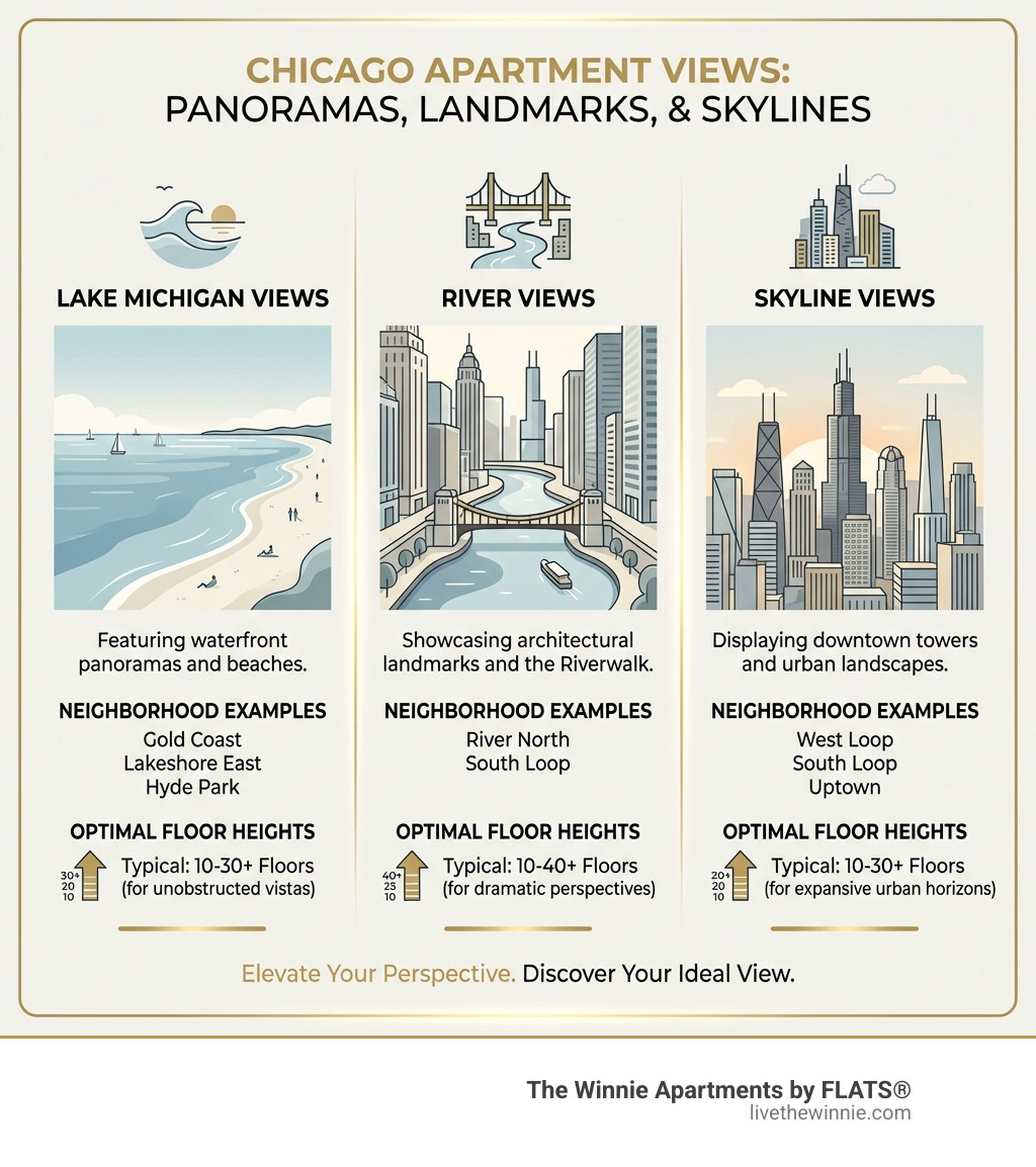 Infographic showing three types of Chicago apartment views: Lake Michigan Views (featuring waterfront panoramas and beaches), River Views (showcasing architectural landmarks and the Riverwalk), and Skyline Views (displaying downtown towers and urban landscapes), with neighborhood examples and typical floor heights for optimal viewing - chicago apartment view infographic 