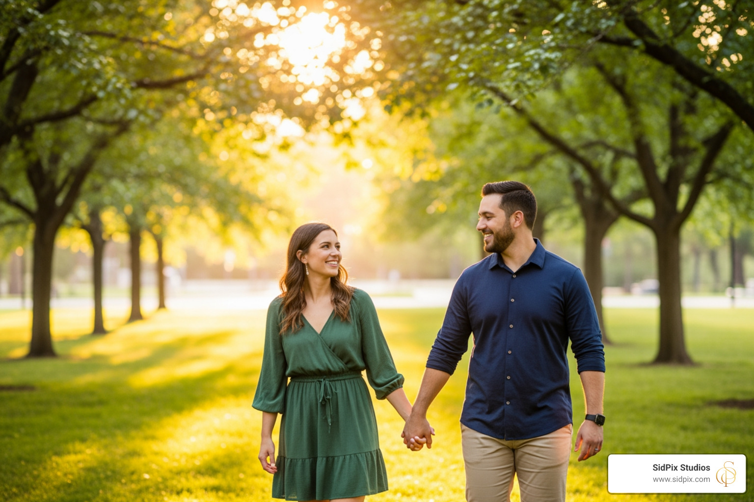 couple walking through a sun-drenched DFW park during an engagement session - cheap engagement photographers