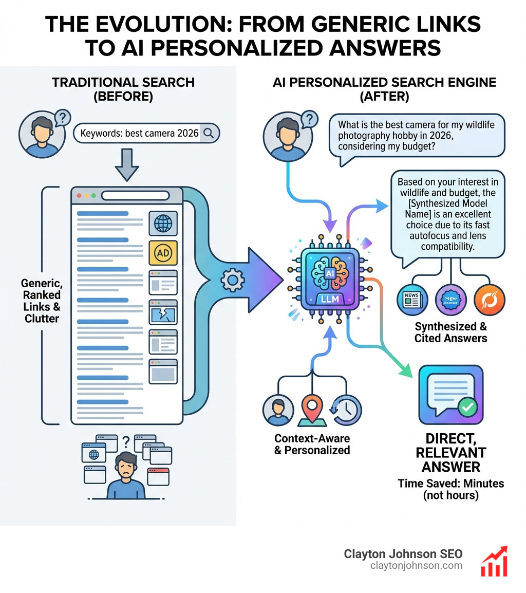 Infographic detailing how AI personalized search engines differ from traditional search by providing synthesized, cited, and context-aware answers - ai personalized search engines infographic 