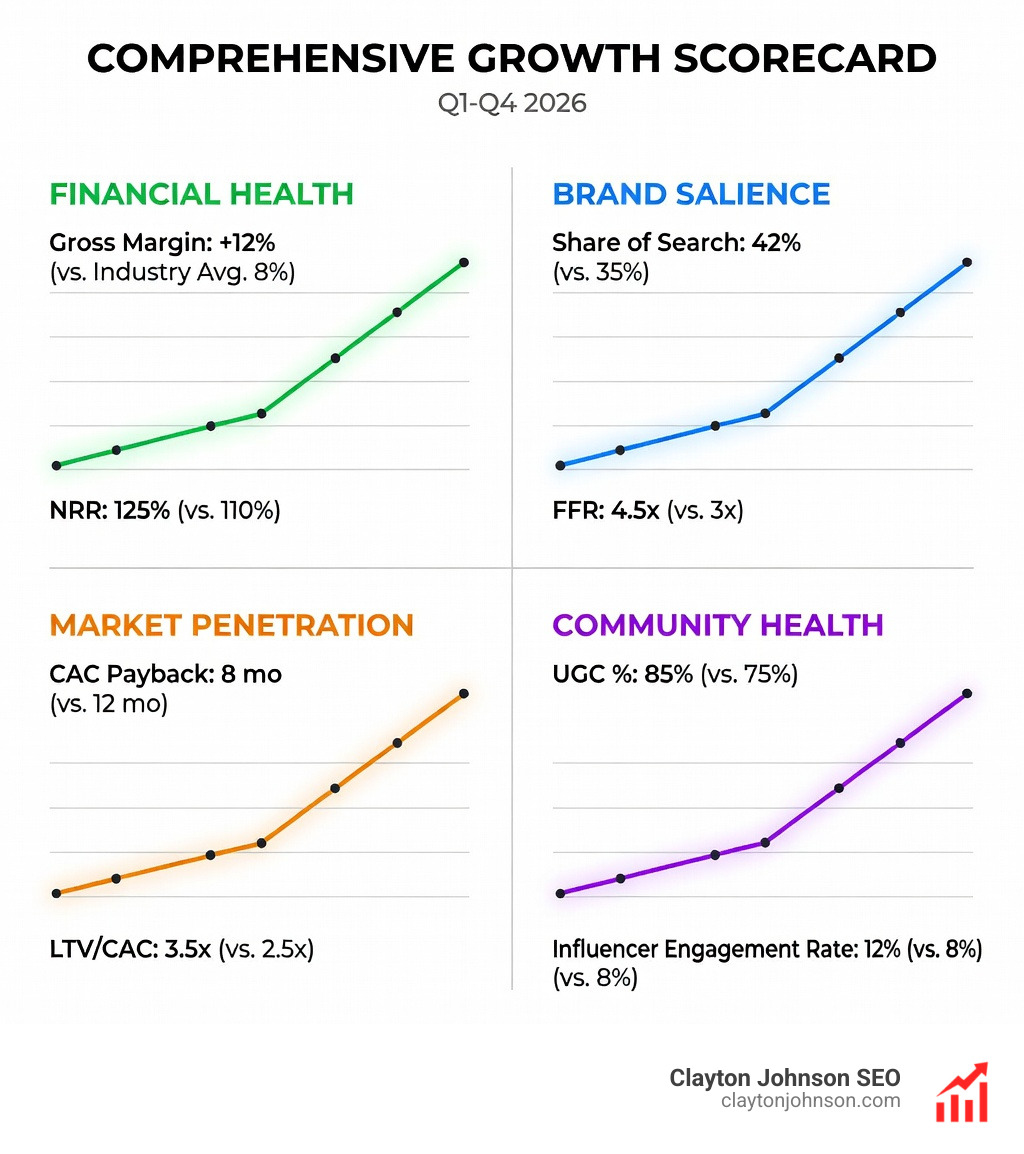 A comprehensive growth scorecard layout. Sections include: Financial Health (Gross Margin, NRR), Brand Salience (Share of Search, FFR), Market Penetration (CAC Payback, LTV/CAC), and Community Health (UGC %, Influencer Engagement Rate). Each section has a sparkline graph showing the trend over the last 4 quarters, highlighting the compounding nature of scalable growth. - Brand growth scalable strategies infographic 