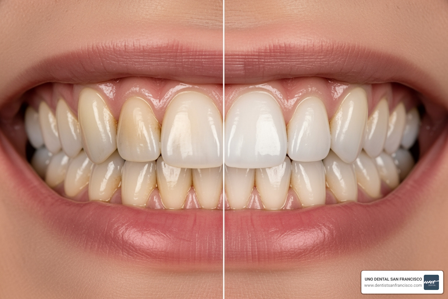 Comparison of professional teeth whitening results showing a transition from yellowed enamel to a bright, natural white - san francisco dentist cosmetic Comparison of professional teeth whitening results showing a transition from yellowed enamel to a bright, natural white - san francisco dentist cosmetic