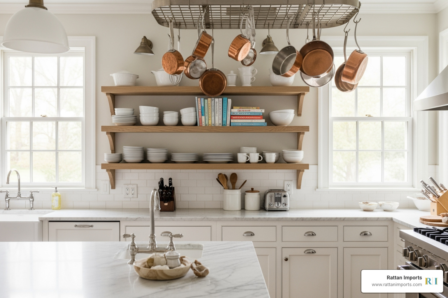 A bright kitchen with open shelving, white cabinets, and copper pots hanging from a rack - nancy meyers aesthetic on a budget