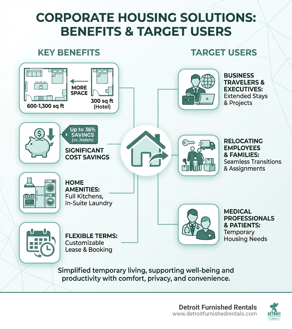 Infographic detailing the benefits and target users of corporate housing solutions, including more space, cost savings, home amenities, flexible terms, and suitability for business travelers, relocating employees, and medical professionals - Corporate housing solutions infographic Infographic detailing the benefits and target users of corporate housing solutions, including more space, cost savings, home amenities, flexible terms, and suitability for business travelers, relocating employees, and medical professionals - Corporate housing solutions infographic