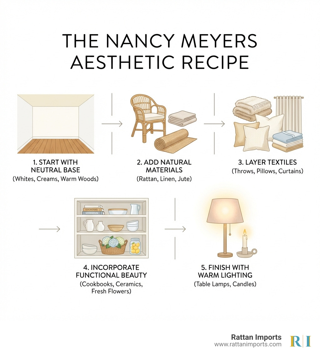 Infographic showing the Nancy Meyers aesthetic recipe: Start with neutral base (whites, creams, warm woods), add natural materials (rattan, linen, jute), layer textiles (throws, pillows, curtains), incorporate functional beauty (cookbooks, ceramics, fresh flowers), finish with warm lighting (table lamps, candles) - nancy meyers aesthetic on a budget infographic 