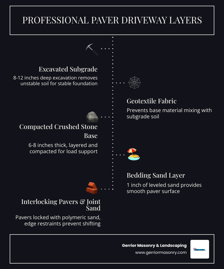 Infographic showing cross-section of professional paver driveway installation with labeled layers: excavated subgrade at 8-12 inches depth, compacted geotextile fabric layer, 6-8 inch crushed stone base, 1 inch bedding sand layer, interlocking pavers on top, polymeric joint sand between pavers, and edge restraints on sides - driveway paver installers infographic infographic-line-5-steps-dark