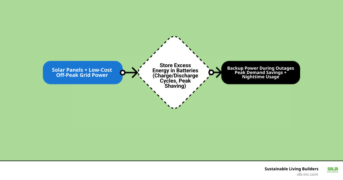 Infographic showing how commercial energy storage batteries integrate with solar panels and the local grid, including charge/discharge cycles, backup power activation during outages, and peak demand management - commercial energy storage batteries in fulton, ca infographic flowmap_simple