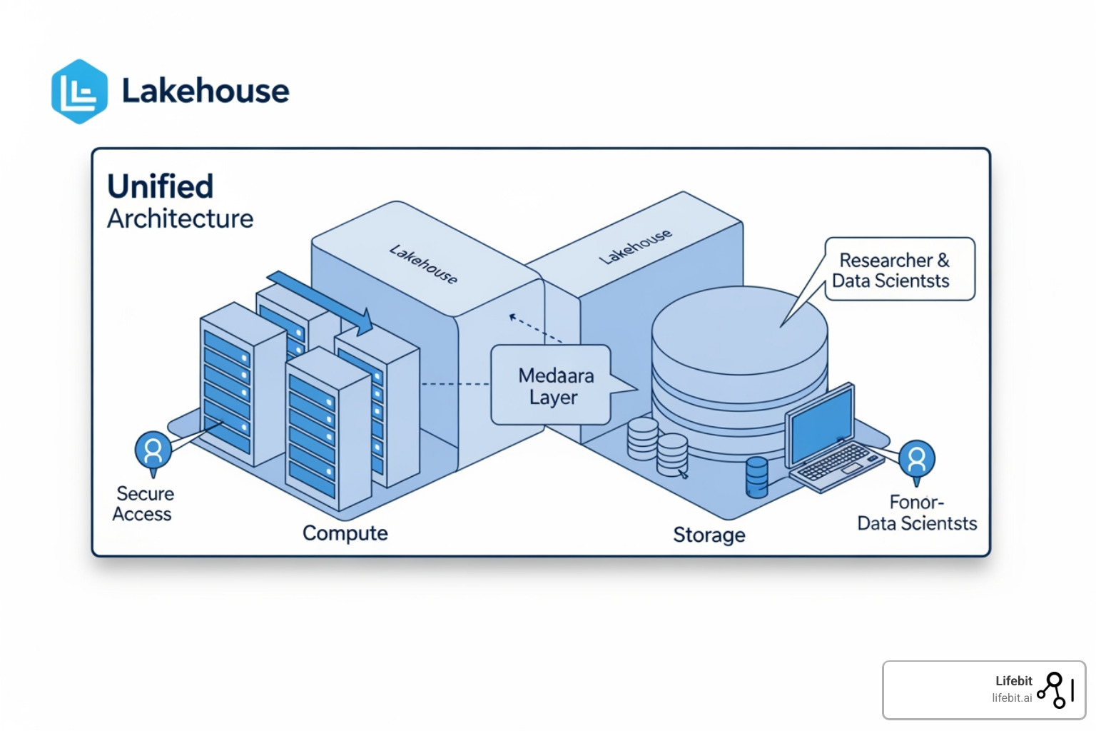 Lifebit Unified Lakehouse Architecture showing the separation of compute and storage, metadata layers for ACID transactions, and secure access for researchers and data scientists - Scalable data analytics