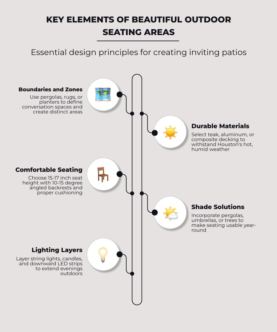 Infographic showing key elements of beautiful outdoor seating areas: 1) Boundaries and zones (using pergolas, rugs, or planters to define spaces), 2) Durable materials (teak, aluminum, composite decking for Houston weather), 3) Comfortable seating height (15-17 inches with 10-15 degree angled backrests), 4) Shade solutions (pergolas, umbrellas, or trees), 5) Lighting layers (string lights, candles, downward LED strips), 6) Softening touches (cushions, plants in containers, colorful accents) - beautiful outdoor seating areas infographic infographic-line-5-steps-elegant_beige Infographic showing key elements of beautiful outdoor seating areas: 1) Boundaries and zones (using pergolas, rugs, or planters to define spaces), 2) Durable materials (teak, aluminum, composite decking for Houston weather), 3) Comfortable seating height (15-17 inches with 10-15 degree angled backrests), 4) Shade solutions (pergolas, umbrellas, or trees), 5) Lighting layers (string lights, candles, downward LED strips), 6) Softening touches (cushions, plants in containers, colorful accents) - beautiful outdoor seating areas infographic infographic-line-5-steps-elegant_beige