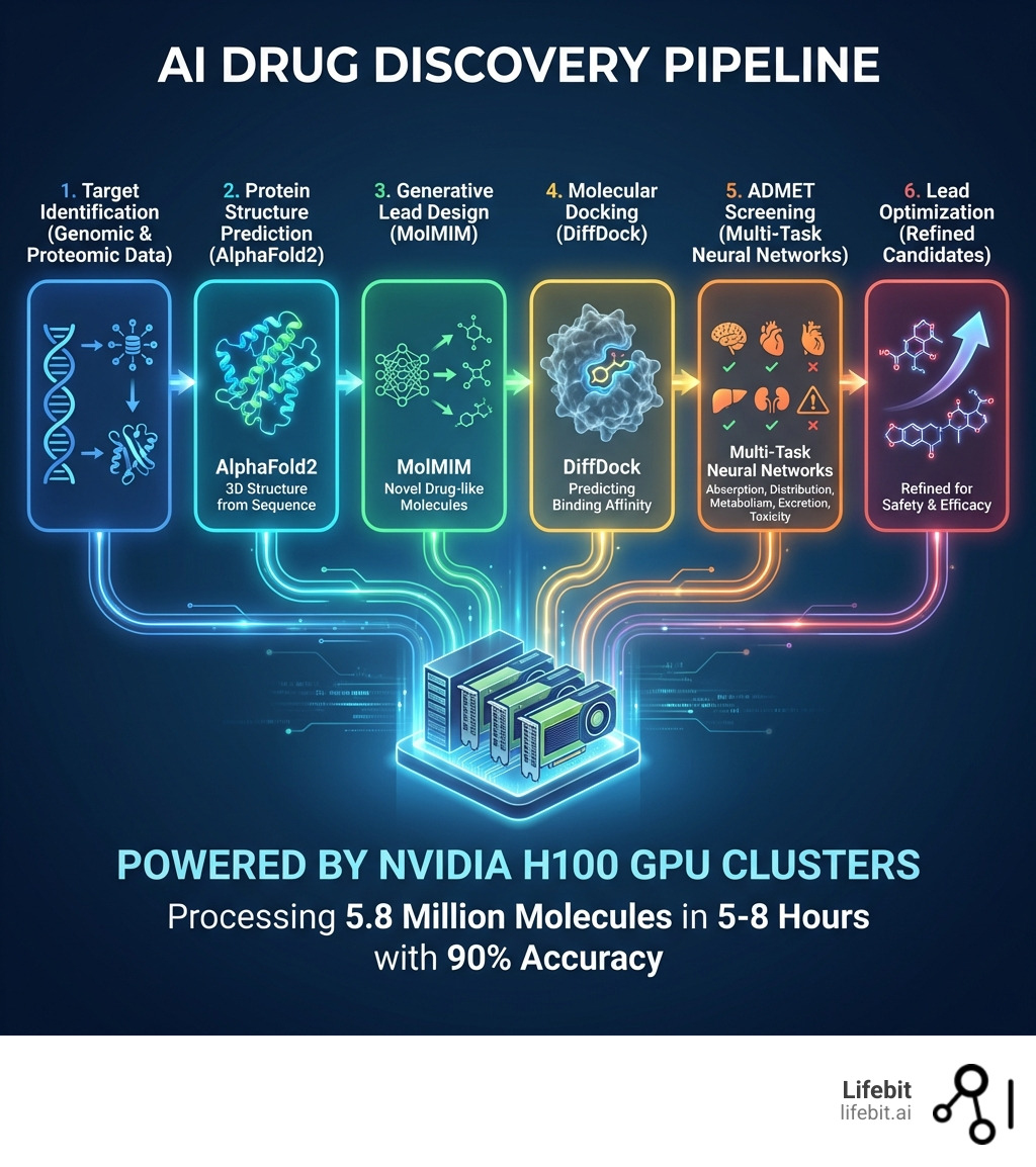 Infographic showing the complete AI drug discovery pipeline workflow: from target identification using AlphaFold2 protein structure prediction, through generative lead design with MolMIM, molecular docking with DiffDock, ADMET screening using multi-task neural networks, to lead optimization—all powered by NVIDIA H100 GPU clusters processing 5.8 million molecules in 5-8 hours with 90% accuracy - ai drug discovery pipeline infographic 