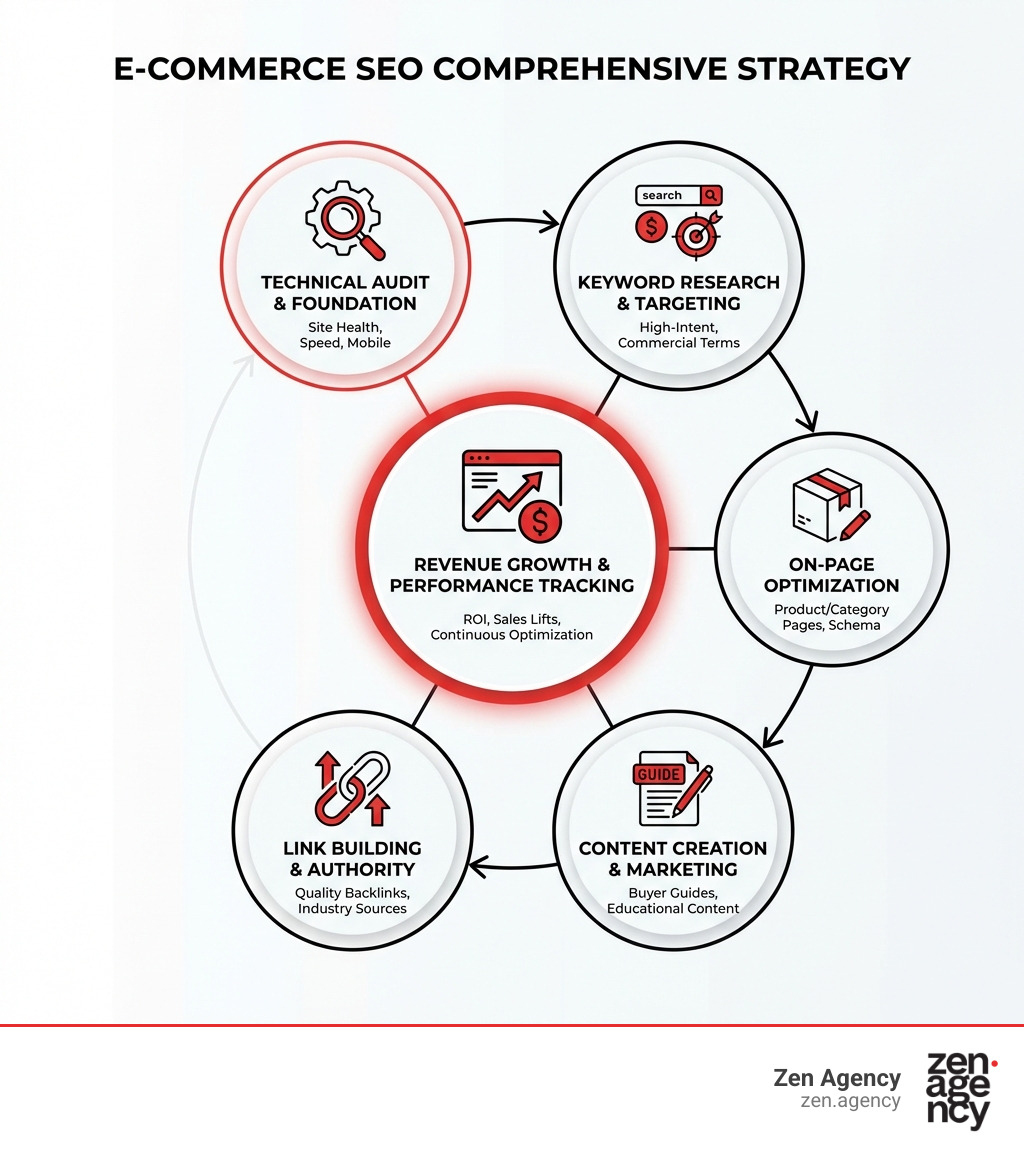 E-commerce SEO services comprehensive strategy infographic showing the path from technical audit through keyword research, on-page optimization, content creation, link building, to revenue growth and performance tracking - E-commerce SEO services infographic E-commerce SEO services comprehensive strategy infographic showing the path from technical audit through keyword research, on-page optimization, content creation, link building, to revenue growth and performance tracking - E-commerce SEO services infographic