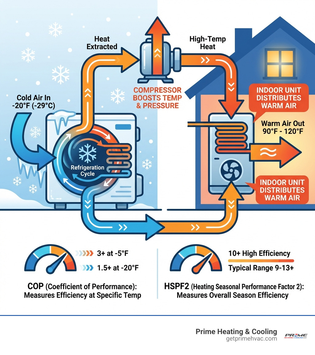 infographic showing cold climate heat pump operation: outdoor unit extracting heat from -20°F air through refrigeration cycle, compressor boosting temperature, indoor unit distributing warm air, with arrows indicating heat transfer direction and key efficiency metrics COP and HSPF2 - cold climate heat pump infographic 