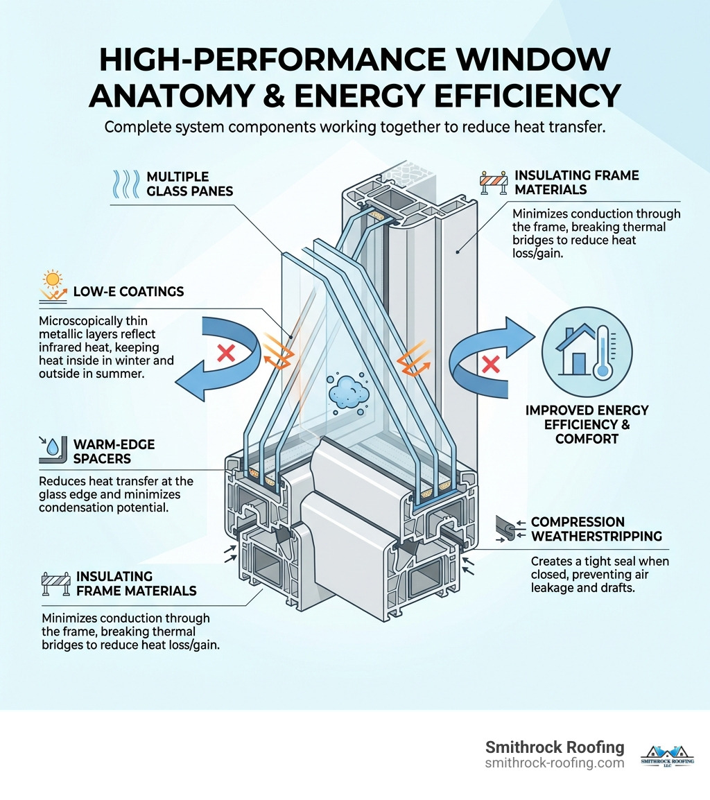 Infographic showing the complete anatomy of a high-performance window system including insulating frame materials, multiple glass panes with low-e coatings, warm-edge spacers, argon or krypton gas fill between panes, and compression weatherstripping, with callouts explaining how each component reduces heat transfer and improves energy efficiency - high performance windows infographic 