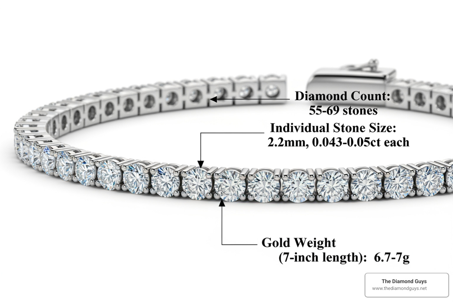 3ct bracelet specifications showing diamond count, mm size, and gold weight - 3ct diamond tennis bracelet