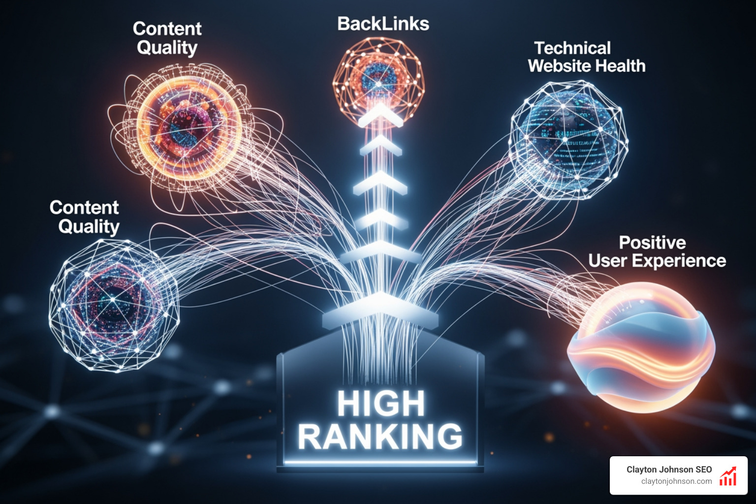 Search engine ranking factors including content quality, backlinks, technical health, and user experience - SEO template download