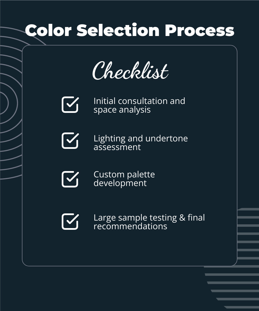 Infographic showing the professional color selection process: 1) Initial consultation and space analysis, 2) Lighting and undertone assessment, 3) Custom palette development, 4) Large sample testing in your space, 5) Final color recommendations with coordinating materials - professional color consultant infographic checklist-dark-blue Infographic showing the professional color selection process: 1) Initial consultation and space analysis, 2) Lighting and undertone assessment, 3) Custom palette development, 4) Large sample testing in your space, 5) Final color recommendations with coordinating materials - professional color consultant infographic checklist-dark-blue