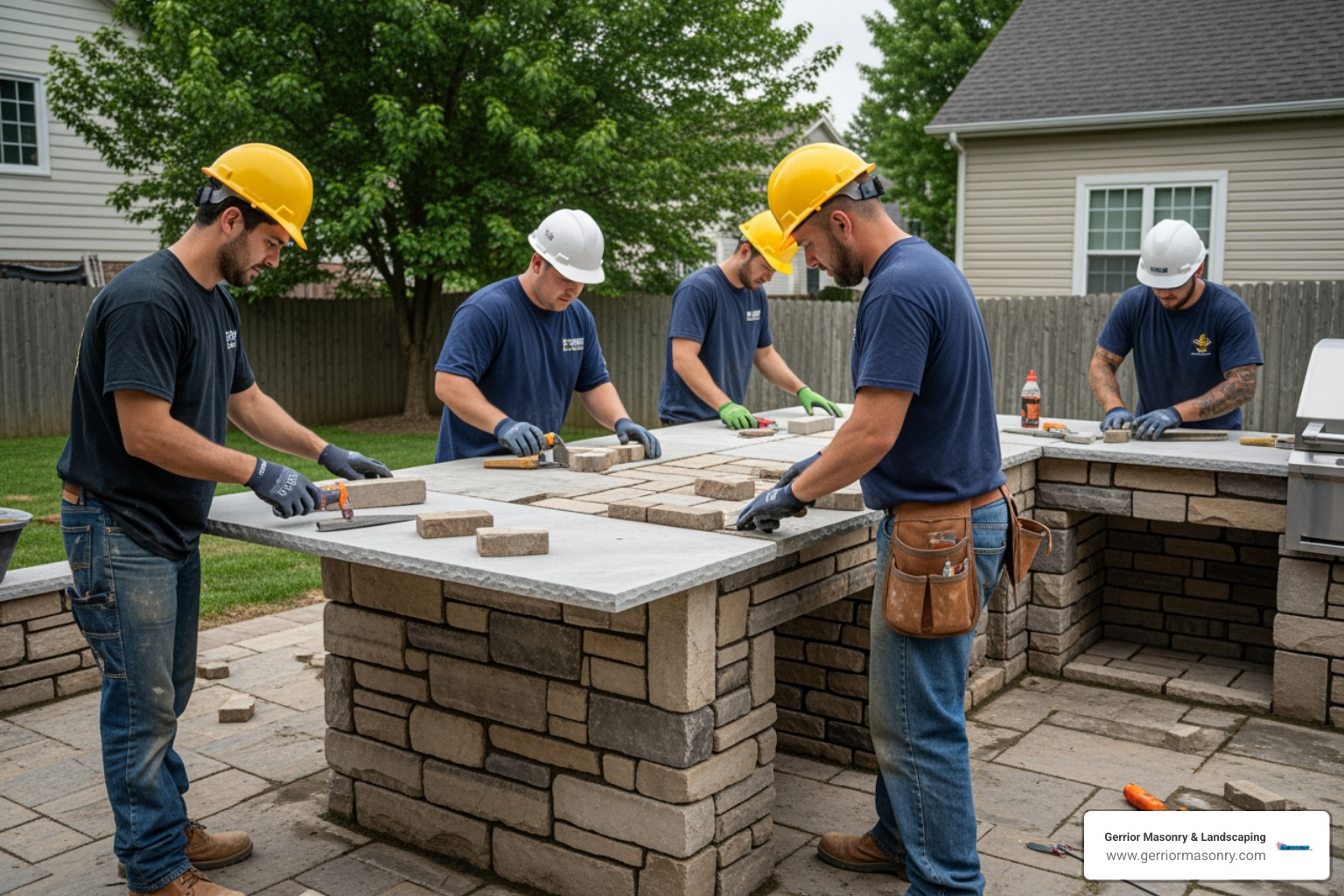 Professional masonry team installing a kitchen island - Custom Outdoor Kitchen Builders