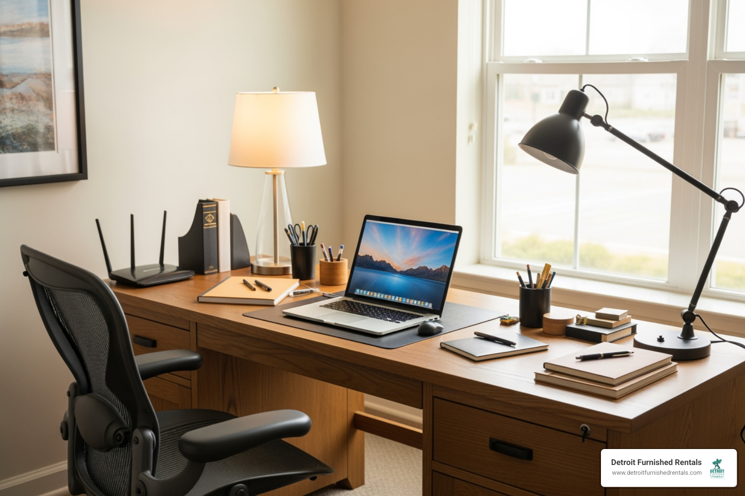 A modern, sunlit home office setup within a corporate apartment, featuring a spacious desk, ergonomic chair, and high-speed internet equipment - Corporate housing solutions A modern, sunlit home office setup within a corporate apartment, featuring a spacious desk, ergonomic chair, and high-speed internet equipment - Corporate housing solutions