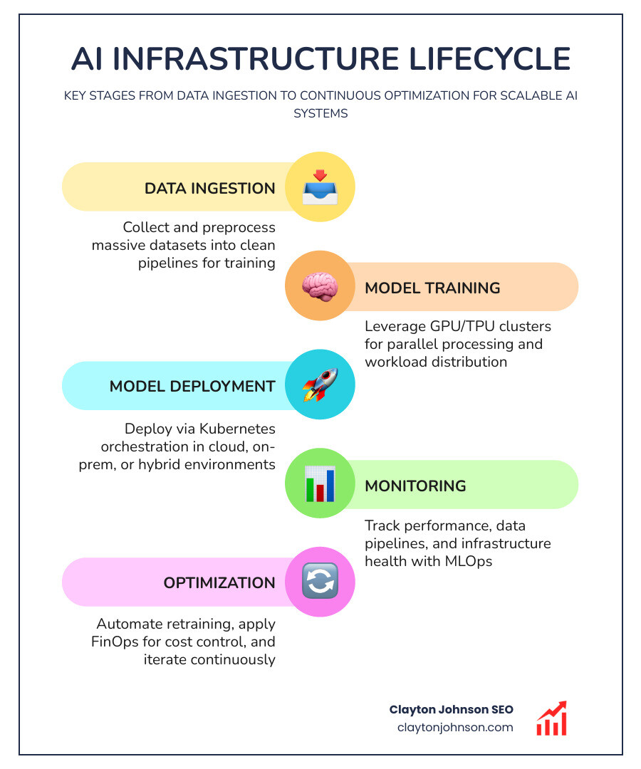 AI infrastructure lifecycle from data ingestion through model training, deployment, monitoring, and continuous optimization - ai infrastructure best practices infographic infographic-line-5-steps-colors AI infrastructure lifecycle from data ingestion through model training, deployment, monitoring, and continuous optimization - ai infrastructure best practices infographic infographic-line-5-steps-colors