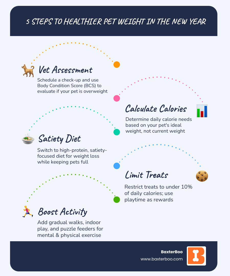 infographic showing 5 steps to pet weight management: 1. Schedule vet assessment and BCS check, 2. Calculate daily calorie needs based on ideal weight, 3. Choose high-protein satiety diet or measure portions accurately, 4. Replace food treats with playtime and limit treats to 10% of calories, 5. Start with 30 minutes daily exercise for dogs or three 5-minute play sessions for cats - Weight Management & “New Year” Pet Health infographic infographic-line-5-steps-blues-accent_colors infographic showing 5 steps to pet weight management: 1. Schedule vet assessment and BCS check, 2. Calculate daily calorie needs based on ideal weight, 3. Choose high-protein satiety diet or measure portions accurately, 4. Replace food treats with playtime and limit treats to 10% of calories, 5. Start with 30 minutes daily exercise for dogs or three 5-minute play sessions for cats - Weight Management & “New Year” Pet Health infographic infographic-line-5-steps-blues-accent_colors