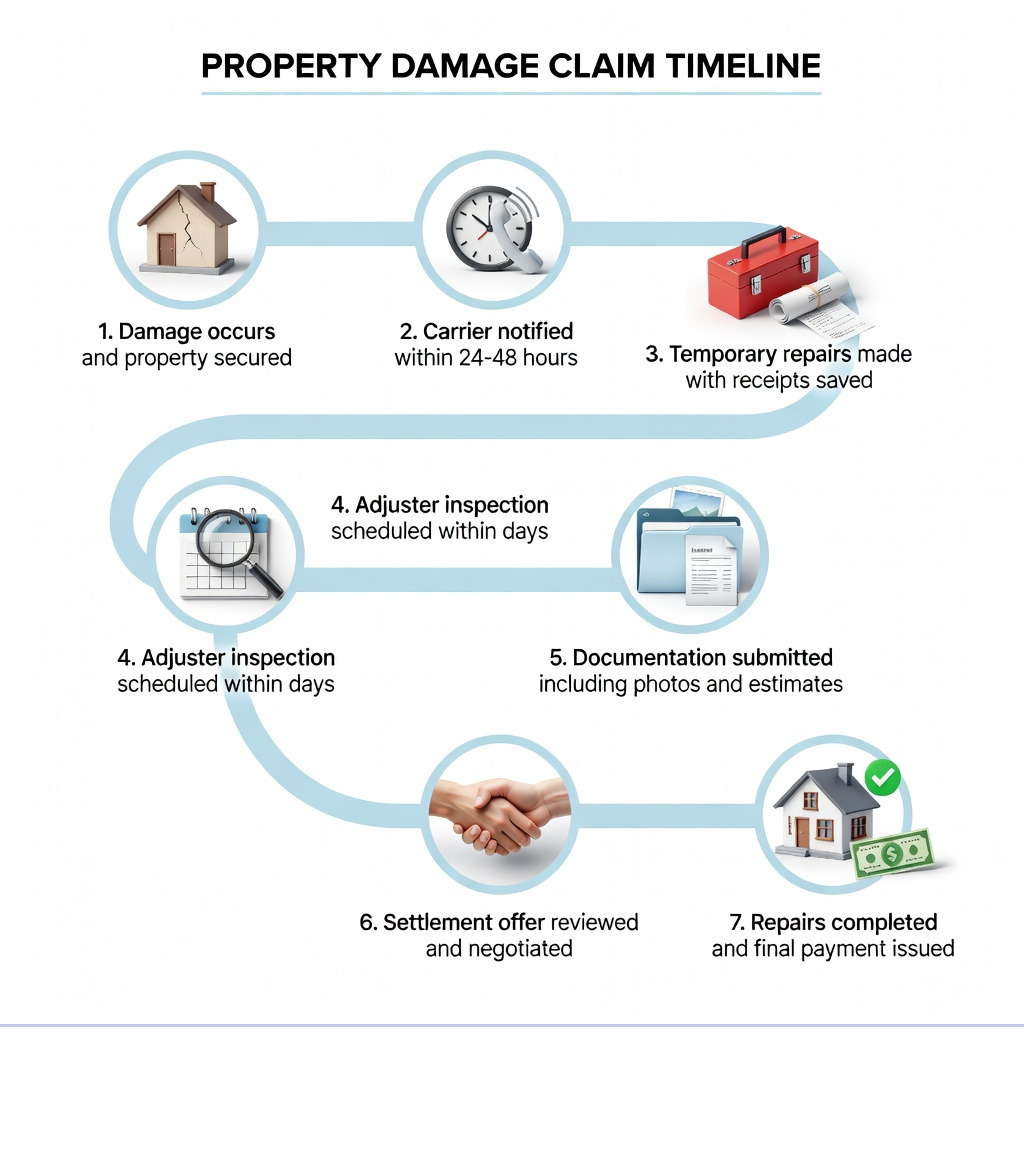 Infographic showing the property damage claim timeline: 1. Damage occurs and property secured, 2. Carrier notified within 24-48 hours, 3. Temporary repairs made with receipts saved, 4. Adjuster inspection scheduled within days, 5. Documentation submitted including photos and estimates, 6. Settlement offer reviewed and negotiated, 7. Repairs completed and final payment issued - property damage claim infographic Infographic showing the property damage claim timeline: 1. Damage occurs and property secured, 2. Carrier notified within 24-48 hours, 3. Temporary repairs made with receipts saved, 4. Adjuster inspection scheduled within days, 5. Documentation submitted including photos and estimates, 6. Settlement offer reviewed and negotiated, 7. Repairs completed and final payment issued - property damage claim infographic
