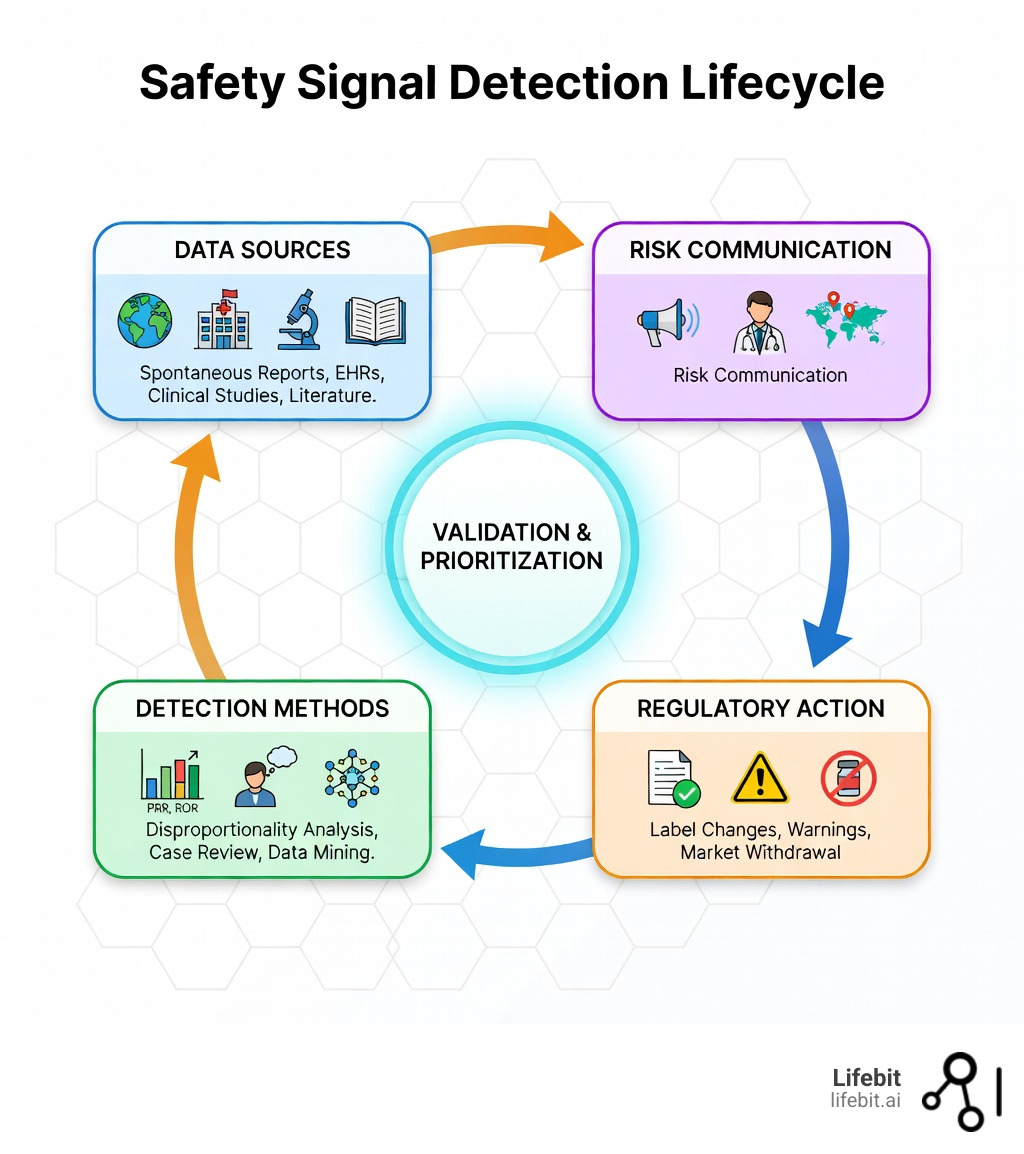 Infographic showing the safety signal detection lifecycle: data sources (spontaneous reports, EHRs, clinical studies, literature) flow into detection methods (disproportionality analysis, case review, data mining), then through validation and prioritization, leading to regulatory action (label changes, warnings, market withdrawal) and risk communication - Safety signal detection infographic Infographic showing the safety signal detection lifecycle: data sources (spontaneous reports, EHRs, clinical studies, literature) flow into detection methods (disproportionality analysis, case review, data mining), then through validation and prioritization, leading to regulatory action (label changes, warnings, market withdrawal) and risk communication - Safety signal detection infographic