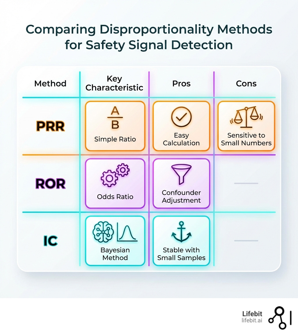 Table comparing PRR, ROR, and IC methods. PRR: Simple ratio, easy to calculate, but sensitive to small numbers. ROR: Odds ratio, allows for adjustment of confounders. IC: Bayesian method, stable with small sample sizes, reduces false positives. - Safety signal detection infographic Table comparing PRR, ROR, and IC methods. PRR: Simple ratio, easy to calculate, but sensitive to small numbers. ROR: Odds ratio, allows for adjustment of confounders. IC: Bayesian method, stable with small sample sizes, reduces false positives. - Safety signal detection infographic