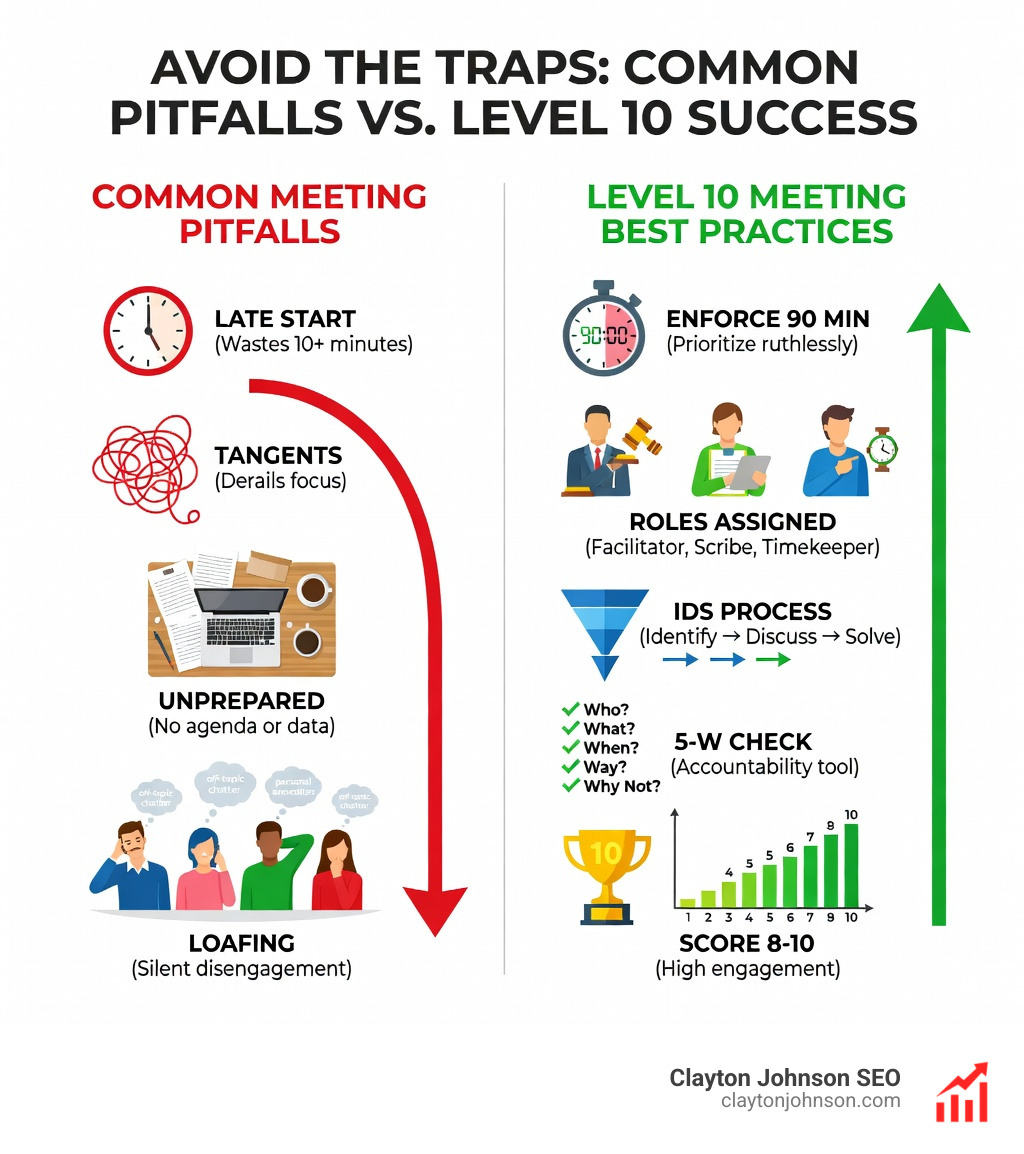 Infographic showing common meeting pitfalls like tangents and lack of preparation versus Level 10 best practices - Level 10 meeting agenda infographic Infographic showing common meeting pitfalls like tangents and lack of preparation versus Level 10 best practices - Level 10 meeting agenda infographic
