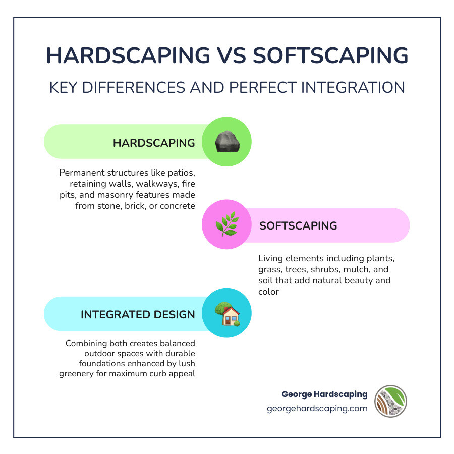 Infographic showing the difference between hardscaping (patios, walls, masonry) and softscaping (plants, grass, soil) and how they integrate for a complete landscape - landscape and masonry contractors near me infographic infographic-line-3-steps-colors Infographic showing the difference between hardscaping (patios, walls, masonry) and softscaping (plants, grass, soil) and how they integrate for a complete landscape - landscape and masonry contractors near me infographic infographic-line-3-steps-colors