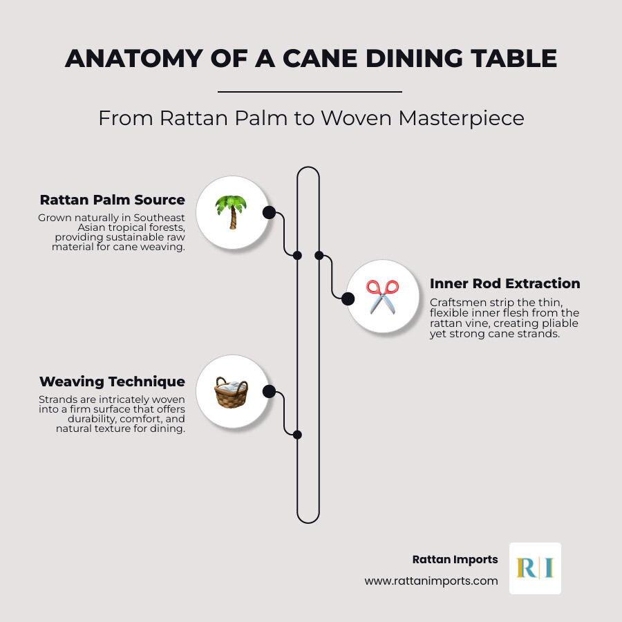 Infographic showing the anatomy of a cane furniture dining table: rattan palm source in Southeast Asia, inner rod extraction process, weaving technique creating pliable yet firm surface, finished table dimensions with clearance requirements, and style compatibility chart showing Art Deco, modern Victorian, minimalist, and eclectic interior designs - cane furniture dining table infographic infographic-line-3-steps-elegant_beige