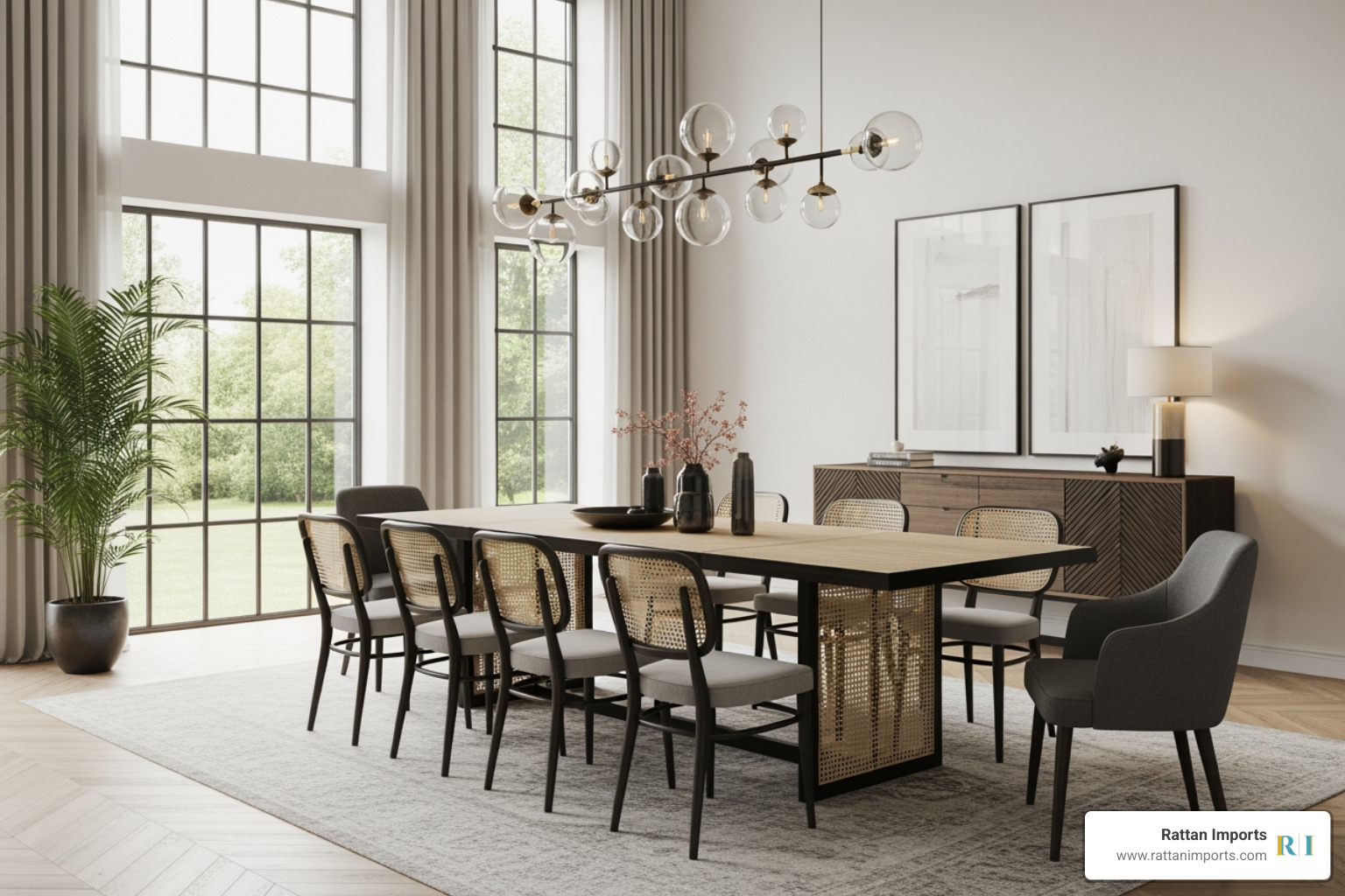A stunning cane furniture dining table used as a focal point in a modern dining room with high ceilings and natural light - cane furniture dining table