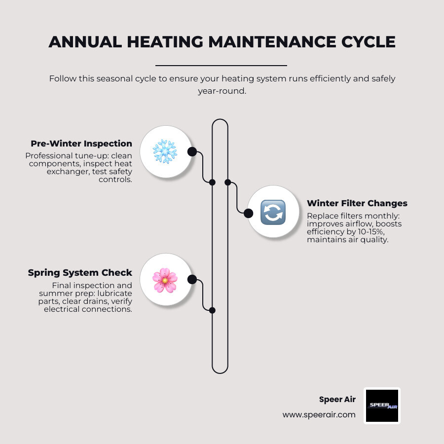 infographic showing the annual heating maintenance cycle including pre-winter inspection, filter changes throughout the season, spring system check, and summer preparation with key tasks listed for each phase - residential heating maintenance in bergen county, nj infographic infographic-line-3-steps-elegant_beige infographic showing the annual heating maintenance cycle including pre-winter inspection, filter changes throughout the season, spring system check, and summer preparation with key tasks listed for each phase - residential heating maintenance in bergen county, nj infographic infographic-line-3-steps-elegant_beige