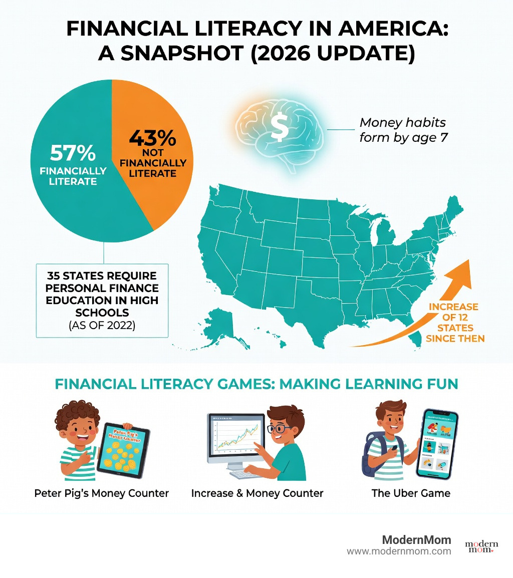 infographic showing that only 57% of Americans are financially literate, 35 states now require personal finance education in high schools as of 2022 with an increase of 12 states since then, and money habits form by age 7 - financial literacy games infographic 