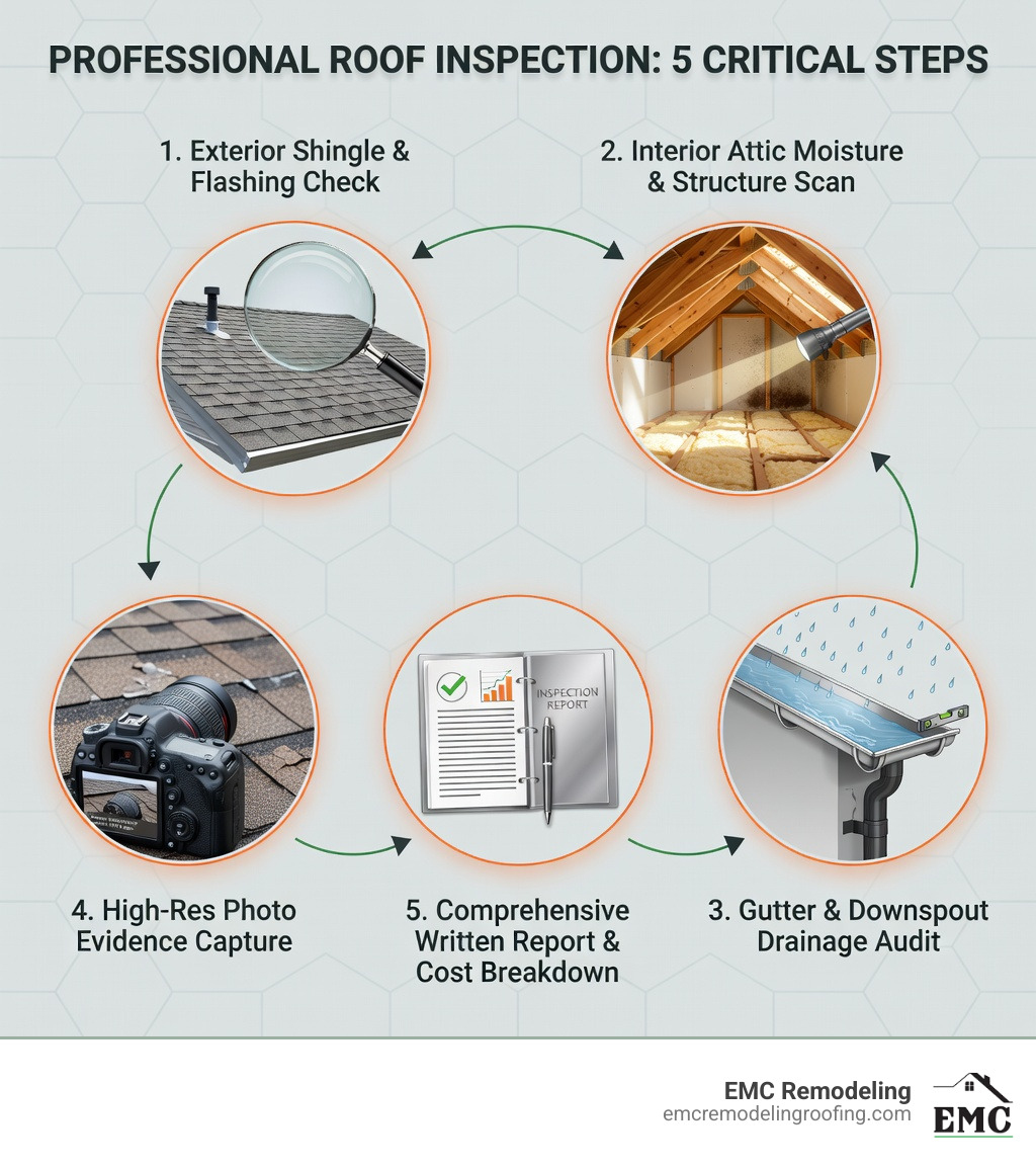 Infographic showing the 5-step professional roof inspection process: 1. Exterior assessment of shingles, flashing, and ventilation; 2. Interior attic inspection for moisture, insulation, and structural issues; 3. Gutter and drainage system evaluation; 4. Detailed photo documentation for insurance claims; 5. Written report with repair recommendations and cost estimates - roofers Killeen TX infographic 