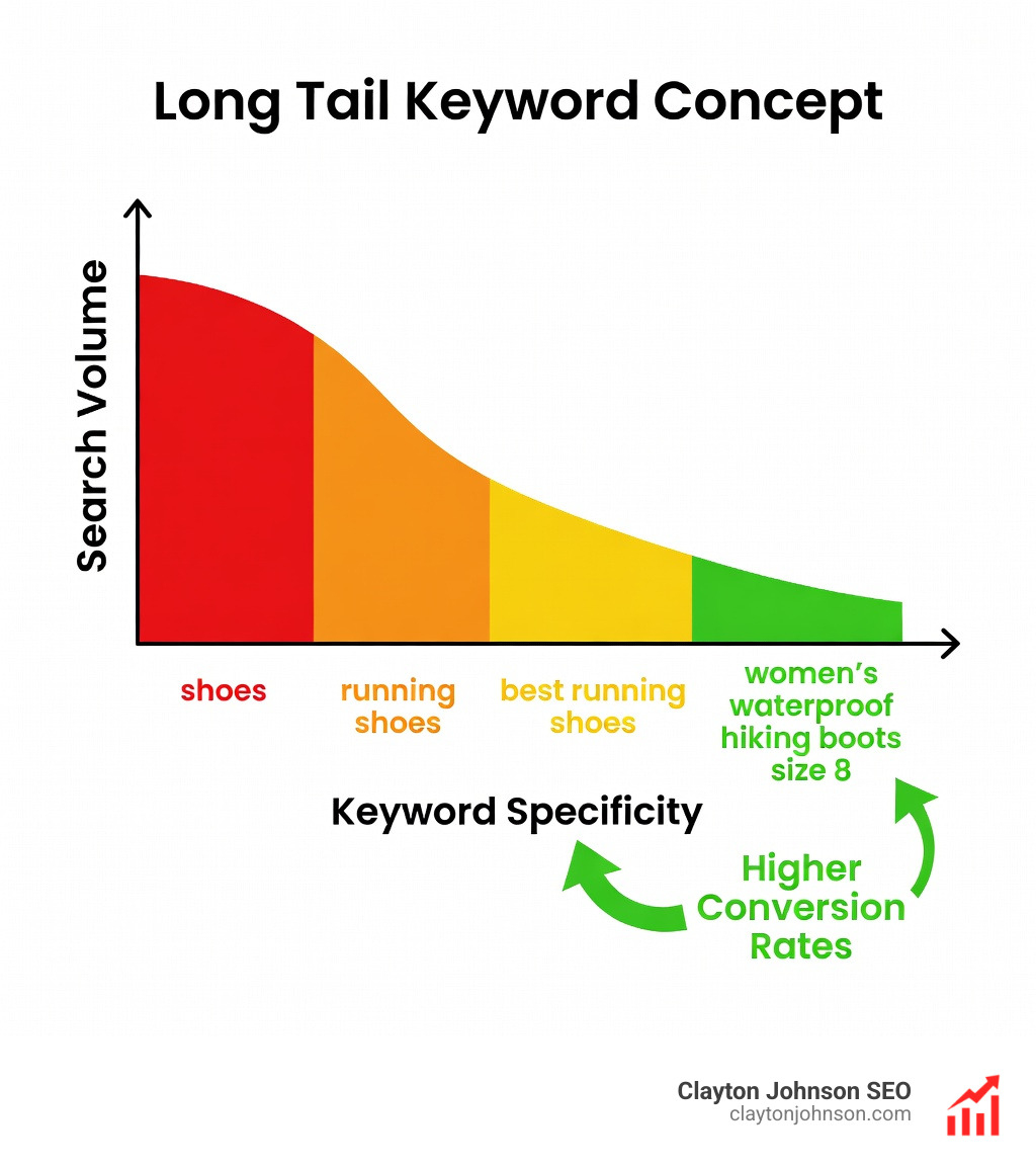 Infographic showing the long tail keyword concept: a graph with search volume on the y-axis and keyword specificity on the x-axis, illustrating how short-tail keywords have high volume and high competition while long-tail keywords have lower volume but significantly higher conversion rates and lower competition, with examples progressing from generic terms like 