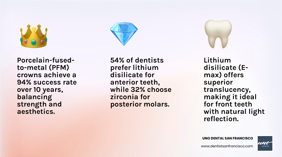 Infographic showing dental crown material comparison chart with strength ratings, aesthetic scores, durability in years, best tooth locations, and biocompatibility ratings for porcelain, zirconia, lithium disilicate, PFM, gold alloy, and composite resin materials - Dental crown material options infographic 3_facts_emoji_light-gradient Infographic showing dental crown material comparison chart with strength ratings, aesthetic scores, durability in years, best tooth locations, and biocompatibility ratings for porcelain, zirconia, lithium disilicate, PFM, gold alloy, and composite resin materials - Dental crown material options infographic 3_facts_emoji_light-gradient