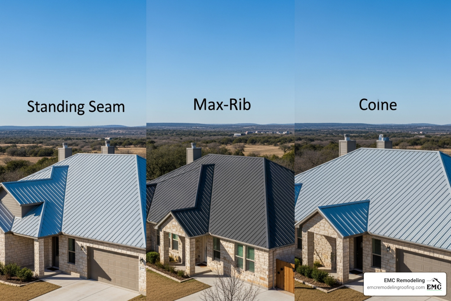 Comparison of metal roofing profiles: Standing Seam, Max-Rib, and Corrugated panels installed on Texas residential homes - metal roofing belton tx