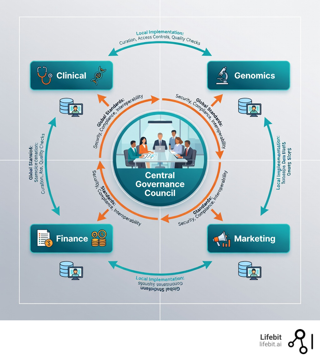 Infographic showing a federated data governance model with a central governance council at the hub connected to multiple domain teams (clinical, genomics, finance, marketing) via arrows labeled with global standards (security, compliance, interoperability) flowing outward and local implementation (curation, access controls, quality checks) flowing back to the center. Each domain team has self-service access to their own data stores while adhering to centralized policies. - data governance federated model infographic 