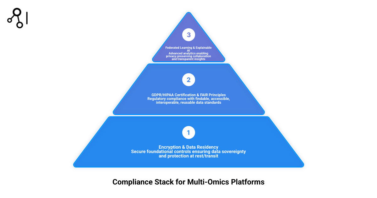 Infographic showing the compliance stack for multi-omics platforms: at the base, encryption and data residency; middle layer, GDPR/HIPAA certification and FAIR principles; top layer, federated learning and explainable AI; with arrows connecting to real-world outcomes like faster drug discovery and patient stratification - compliant multi-omics analysis tools infographic 3_stage_pyramid