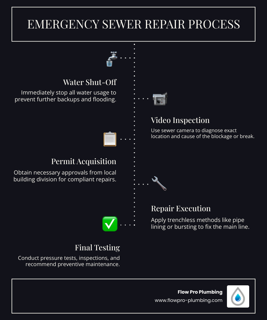 Infographic showing emergency sewer repair process: 1. Immediate water shut-off, 2. Professional video inspection to diagnose the problem, 3. Permit acquisition from City of Antioch, 4. Trenchless or traditional repair method selection, 5. Quality testing and final inspection, 6. Preventive maintenance recommendations - emergency sewer main line repair in antioch, ca infographic infographic-line-5-steps-dark Infographic showing emergency sewer repair process: 1. Immediate water shut-off, 2. Professional video inspection to diagnose the problem, 3. Permit acquisition from City of Antioch, 4. Trenchless or traditional repair method selection, 5. Quality testing and final inspection, 6. Preventive maintenance recommendations - emergency sewer main line repair in antioch, ca infographic infographic-line-5-steps-dark