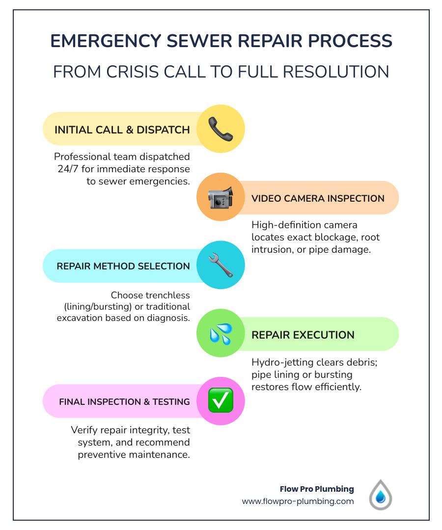 infographic showing the emergency sewer repair process: initial call and dispatch, video camera inspection to locate the problem, choosing between traditional excavation or trenchless repair, completing the repair with hydro-jetting or pipe lining, final inspection and testing, and preventive maintenance recommendations - 24 hour sewer repair in brentwood, ca infographic infographic-line-5-steps-colors infographic showing the emergency sewer repair process: initial call and dispatch, video camera inspection to locate the problem, choosing between traditional excavation or trenchless repair, completing the repair with hydro-jetting or pipe lining, final inspection and testing, and preventive maintenance recommendations - 24 hour sewer repair in brentwood, ca infographic infographic-line-5-steps-colors